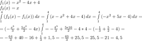 f_1(x)=x^2-4x+4&#10;\\f_2(x)=x&#10;\\ \int\limits^4_1 {(f_2(x)-f_1(x))} \, dx= \int\limits^4_1 {(x-x^2+4x-4)}\, dx=\int\limits^4_1 {(-x^2+5x-4)}\, dx=&#10;\\=( -\frac{x^3}{3} + \frac{5x^2}{2}-4x)\int\limits^4_1=-\frac{4^3}{3} + \frac{5*16}{2}-4*4-(-\frac{1}{3} + \frac{5}{2}-4)=&#10;\\=-\frac{64}{3} + 40-16+\frac{1}{3} +1,5=-\frac{63}{3}+25,5=25,5-21=4,5