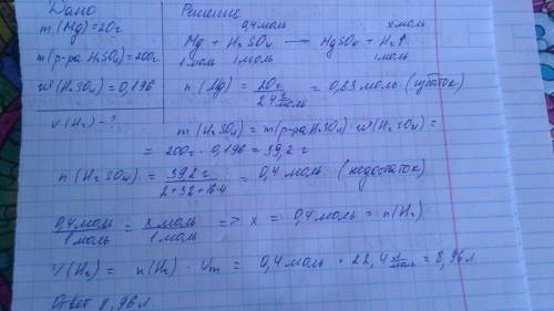 20 гр магния обратотали 200 г разбавлять серной кислотой с массовой долей 19.6%. какой объем водород