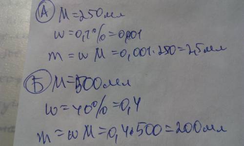 Рассчитать количество сухого вещества а) 250мл 0,1% раствора б)500мл 40%раствора
