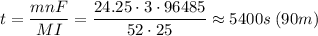 t = \dfrac{mnF}{MI} = \dfrac{24.25 \cdot 3 \cdot 96485}{52 \cdot 25} \approx 5400s \; (90m)