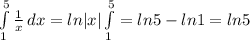 \int\limits^5_1 { \frac{1}{x}} \, dx=ln|x|\int\limits^5_1 =ln5-ln1=ln5