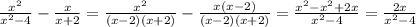 \frac{ x^{2} }{ x^{2} -4} - \frac{x}{x+ 2} = \frac{x^{2}}{(x- 2)(x+ 2)} - \frac{x(x-2)}{(x-2)(x+ 2)}= \frac{ x^{2} - x^{2} +2x}{ x^{2} -4} = \frac{2x}{ x^{2} -4}