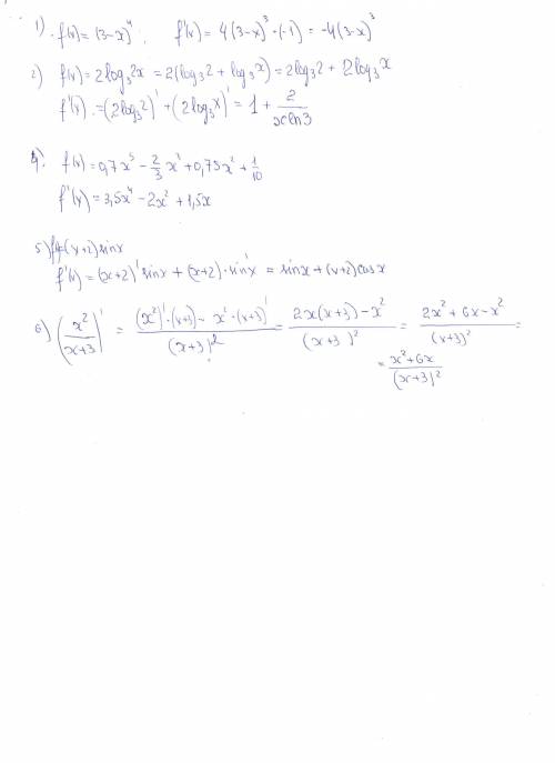 Найдите производные функций: а) f(x)=(3-x)^4 б) f(x)=2log3 2x в)(f)x=3rg (2x-pi/4) г) 0,7x^5-2/3x^3+