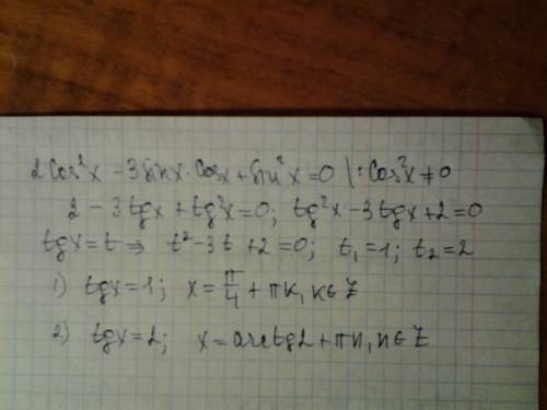 Решить . 2cos^2 x - 3sinx * cos x + sin^2 x = 0