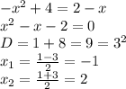 -x^2+4=2-x&#10;\\x^2-x-2=0&#10;\\D=1+8=9=3^2&#10;\\x_1= \frac{1-3}{2}=-1&#10;\\x_2= \frac{1+3}{2}=2