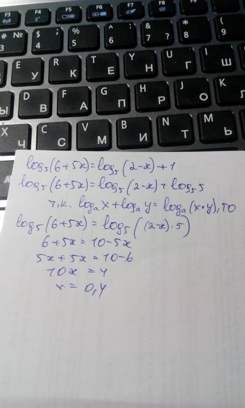 Подскажите log 5 (6+5x)=log 5 (2-x)+1 1=log 5 5 log 5 (6+5x)=log 5 (2-x)+log 5 5 далее 6+5x=(2-x)*5