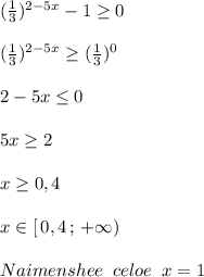 ( \frac{1}{3})^{2-5x}-1 \geq 0\\\\( \frac{1}{3} )^{2-5x} \geq ( \frac{1}{3} )^0\\\\2-5x \leq 0\\\\5x \geq 2\\\\x \geq 0,4\\\\x\in [\, 0,4\, ;\, +\infty )\\\\Naimenshee\; \; celoe\; \; x=1