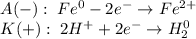 \begin{array}{l} A(-): \; Fe^{0} - 2e^{-} \to Fe^{2+} \\ K(+): \; 2H^{+} + 2e^{-} \to H_{2}^{0} \end{array}