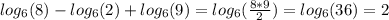 log_6(8)-log_6(2)+log_6(9)=log_6( \frac{8*9}{2} )=log_6(36)=2