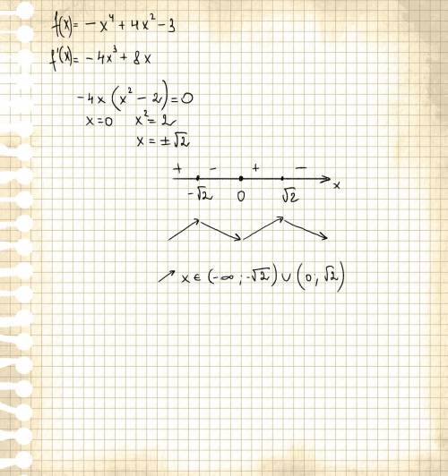 Найдите промежутки возрастания функции f(x)=-x^4+4x^2-3