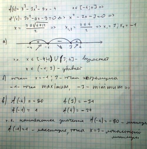 Дана функция: f(x)=x3−3x^2−9x−4. найдите: а) промежутки возрастания и убывания; б) ее точки максимум