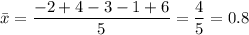 \bar x= \dfrac{-2+4-3-1+6}{5}=\dfrac45=0.8