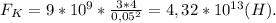 F_K = 9*10^9* \frac{3*4}{0,05^2} = 4,32*10^{13} (H).