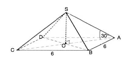 Длина стороны основания правильной четырехугольной пирамиды 6 см, а боковое ребро составляет с плоск