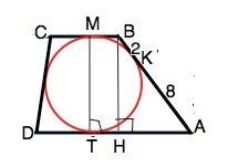 Втрапецию вписана окружность, точка касания окружности с боковой стороной делит эту сторону на два о