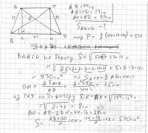 Врівнобічній трапеції більша основа дорівнює 44 см, бічна сторона 17 см і діагональ 39 см. знайти пл