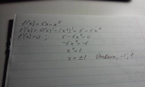 Решить производную f (x)=5x-x^5 f'(x)=0