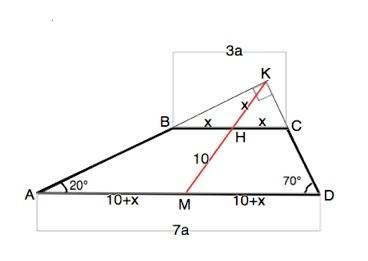 Втрапеции abcd дано: bc: ad=3: 7,угол a=20',угол d=70'.если длина отрезка,соеденяющего середины осно