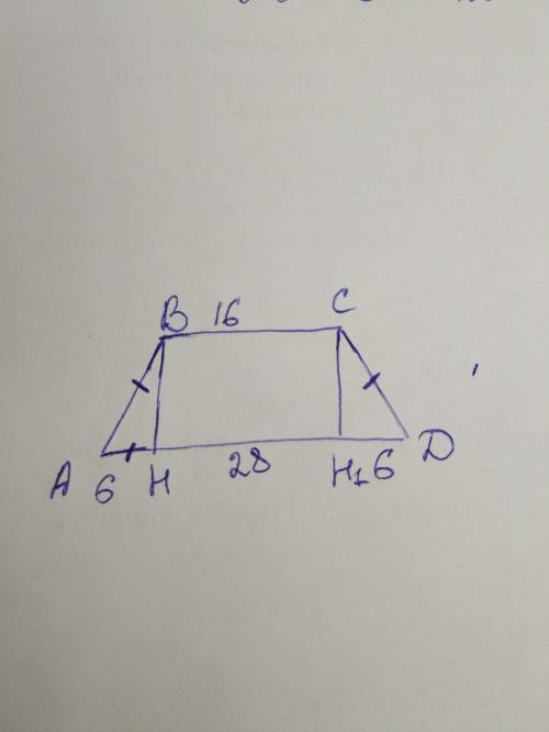 Острый угол равнобедренной трапеции равен 45°, а основания равны 28 см 16 см. найдите площадь трапец