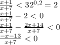 \frac{x+1}{x+7} \ \textless \ 32^{0,2} = 2\\&#10; \frac{x+1}{x+7} -2 \ \textless \ 0\\&#10; \frac{x+1}{x+7} - \frac{2x + 14}{x+7} \ \textless \ 0\\&#10; \frac{-x-13}{x+7} \ \textless \ 0\\