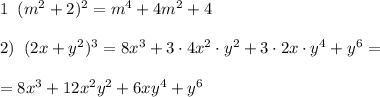 1\; \; (m^2+2)^2=m^4+4m^2+4\\\\2)\; \; (2x+y^2)^3=8x^3+3\cdot 4x^2\cdot y^2+3\cdot 2x\cdot y^4+y^6=\\\\=8x^3+12x^2y^2+6xy^4+y^6