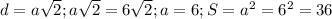 d=a \sqrt{2} ; a \sqrt{2}=6 \sqrt{2} ; a=6; S= a^{2} =6 ^{2} =36