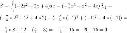 S=\int\limits^2_{-1}({-2x^2+2x+4})dx=(-\frac{2}{3}x^3+x^2+4x)|^2_{-1}=\\\\(-\frac{2}{3}*2^3+2^2+4*2)-(-\frac{2}{3}*(-1)^3+(-1)^2+4*(-1))=\\\\-\frac{2}{3}*8+12-(\frac{2}{3}-3)=-\frac{18}{3}+15=-6+15=9