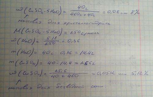 В460 г воды растворили 40 г cuso4∙5н2о. вычислите массовую долю кристаллогидрата и безводной соли.