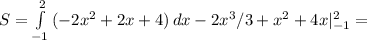 S= \int\limits^2_{-1} {(-2x^2+2x+4)} \, dx -2x^3/3+x^2+4x|^2_{-1}=