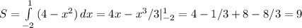 S= \int\limits^1_{-2} {(4-x^2)} \, dx =4x-x^3/3|^1_{-2}=4-1/3+8-8/3=9