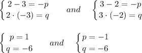 \displaystyle \left \{ {{2-3=-p} \atop {2\cdot(-3)=q}} \right. \,\,\,\,\,\,\,\,\,\, and\,\,\,\,\,\,\, \left \{ {{3-2=-p} \atop {3\cdot(-2)=q}} \right. \\ \\ \\ \left \{ {{p=1} \atop {q=-6}} \right. \,\,\,\,\,\,\,\,\,\, and\,\,\,\,\,\,\, \left \{ {{p=-1} \atop {q=-6}} \right.