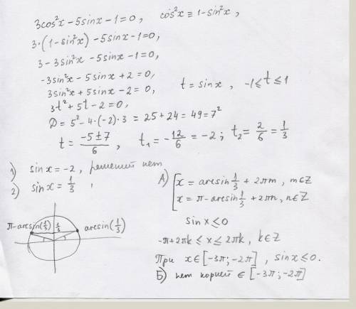 А)найдите корень уравнения 3cos^2x-5sinx-1=0. б)найдите все корни этого уравнения,принадлежащие пром