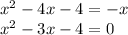 x^2-4x-4=-x\\ x^2-3x-4=0