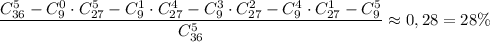 $\frac{C^5_{36}-C^0_9\cdot{C}^5_{27}-C^1_9\cdot{C}^4_{27}-C^3_9\cdot{C}^2_{27}-C^4_9\cdot{C}^1_{27}-C^5_9}{C^5_{36}}\approx0,28=28\%$