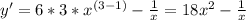 y'=6*3*x^{(3-1)} - \frac{1}{x}=18 x^{2} - \frac{1}{x}