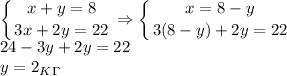 \displaystyle \left \{ {{x+y=8} \atop {3x+2y=22}} \right. \Rightarrow \left \{ {{x=8-y} \atop {3(8-y)+2y=22}} \right. \\ 24-3y+2y=22\\ y=2_K_\Gamma