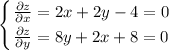 \displaystyle \left \{ {{ \frac{\partial z}{\partial x} =2x+2y-4=0} \atop {\frac{\partial z}{\partial y} = 8y+2x+8=0}} \right.