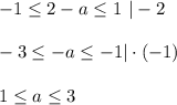 -1 \leq 2-a \leq 1\,\, |-2\\ \\ -3 \leq -a \leq -1|\cdot (-1)\\ \\ 1 \leq a \leq 3