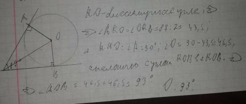 Вугол с величиной 87 градусов вписана окружность,которая касается угла в точках а и в.найдите угол а