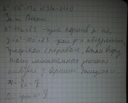 За якого значення параметра а сума коренів рівняння х² – (а²– 17а + 83)х – 21 = 0 буде найменшою?