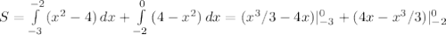 S= \int\limits^{-2}_{-3} {(x^2-4)} \, dx+ \int\limits^0_{-2} {(4-x^2)} \, dx =(x^3/3-4x)|^0_{-3}+(4x-x^3/3)|^0_{-2}