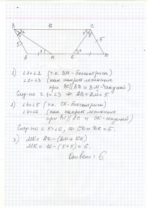 вас обяснить решение этой . стороны паралелиограмма равны 5 и 16.бисектрисы двух углов,прилежащих к