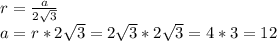 r= \frac{a}{2 \sqrt{3}}\\a=r*2 \sqrt{3}=2 \sqrt{3}*2 \sqrt{3}=4*3=12