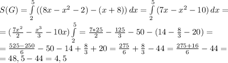 S(G)= \int\limits^5_2 {((8x-x^2-2)-(x+8))} \, dx =\int\limits^5_2 {(7x-x^2-10)} \,dx=&#10;\\= (\frac{7x^2}{2} - \frac{x^3}{3} -10x)\int\limits^5_2= \frac{7*25}{2} - \frac{125}{3}-50-(14- \frac{8}{3} -20)= &#10;\\=\frac{525-250}{6} -50-14+ \frac{8}{3} +20= \frac{275}{6}+ \frac{8}{3} -44= \frac{275+16}{6} -44=&#10;\\=48,5-44=4,5