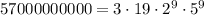 57000000000=3 \cdot 19 \cdot 2^9 \cdot 5^9