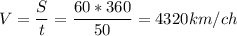 V= \dfrac{S}{t}=\dfrac{60*360}{50}=4320 km/ch