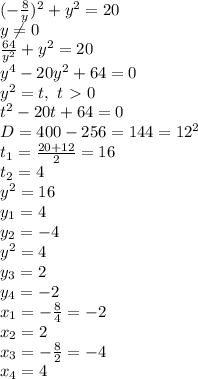 (-\frac{8}{y})^2+y^2=20&#10;\\y \neq 0&#10;\\ \frac{64}{y^2} +y^2=20&#10;\\y^4-20y^2+64=0&#10;\\y^2=t,\ t\ \textgreater \ 0&#10;\\t^2-20t+64=0&#10;\\D=400-256=144=12^2&#10;\\t_1= \frac{20+12}{2} =16&#10;\\t_2=4&#10;\\y^2=16&#10;\\y_1=4&#10;\\y_2=-4&#10;\\y^2=4&#10;\\y_3=2&#10;\\y_4=-2&#10;\\x_1= -\frac{8}{4} =-2&#10;\\x_2=2&#10;\\x_3= -\frac{8}{2} =-4&#10;\\x_4=4