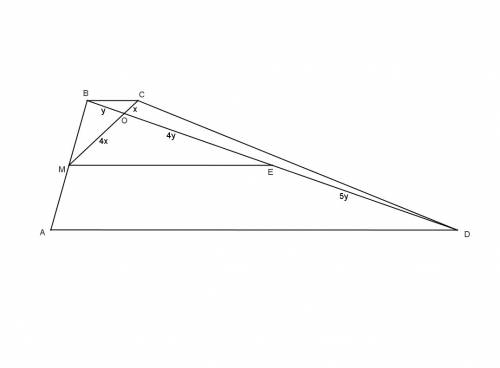 Втрапеции abcd точка m лежит на середине боковой стороны ab, диагональ bd пересекает отрезок cm в то