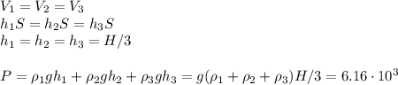 V_1 = V_2 = V_3\\&#10;h_1S = h_2 S = h_3 S\\&#10;h_1 = h_2 = h_3 = H/3\\\\&#10;P = \rho_1 g h_1 + \rho_2 g h_2 + \rho_3 g h_3 = g(\rho_1+\rho_2+\rho_3)H/3 &#10;= 6.16\cdot10^3