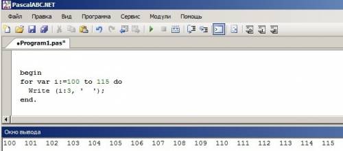 Создайте программу которая выводит на экран числа от 100 до 115.. паскаль (